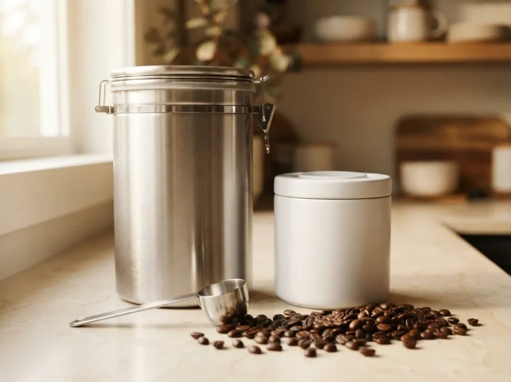 Large bulk coffee canister and smaller everyday canister with a scoop and coffee beans Where: In the "Is the vacuum upgrade worth the money?" section — the size/capacity contrast supports the decision framework.