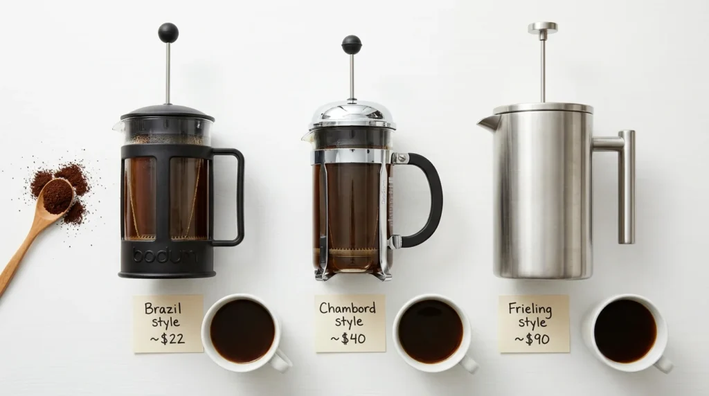 Three French press options at different price points — budget Brazil style at $22, mid-range Chambord style at $40, and premium Frieling style at $90
