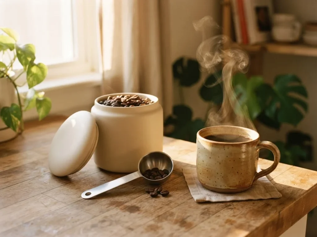 Coffee canister and scoop beside a steaming mug of coffee in warm morning light Where: In the "Final verdict" section — the same aspirational closer style as the first article, so the two posts feel like one brand.