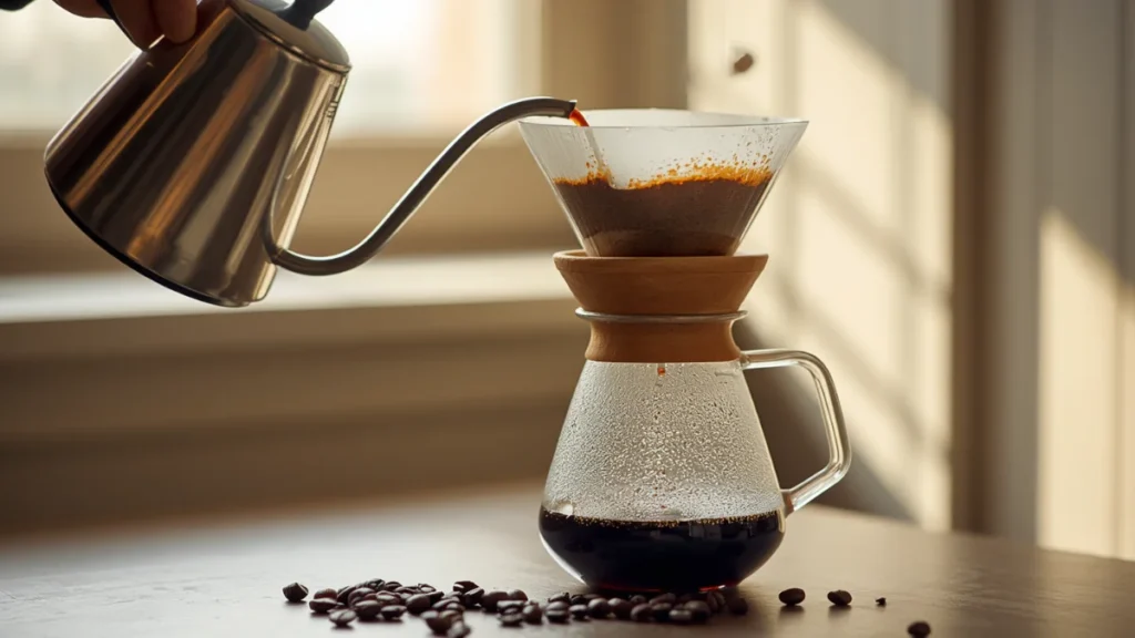  Pour-over ritual with a hand pouring from a gooseneck kettle into a cone dripper