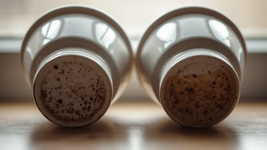 Two ceramic coffee cups comparing single-mesh sediment vs dual-mesh clean cup
