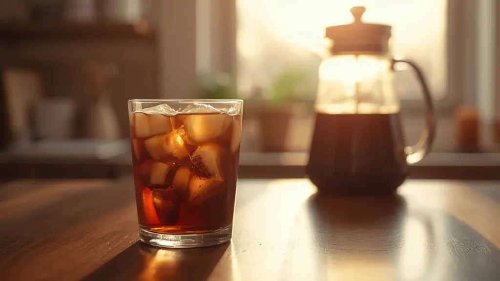 Perfectly brewed glass of iced cold brew with cream on a kitchen counter in morning light