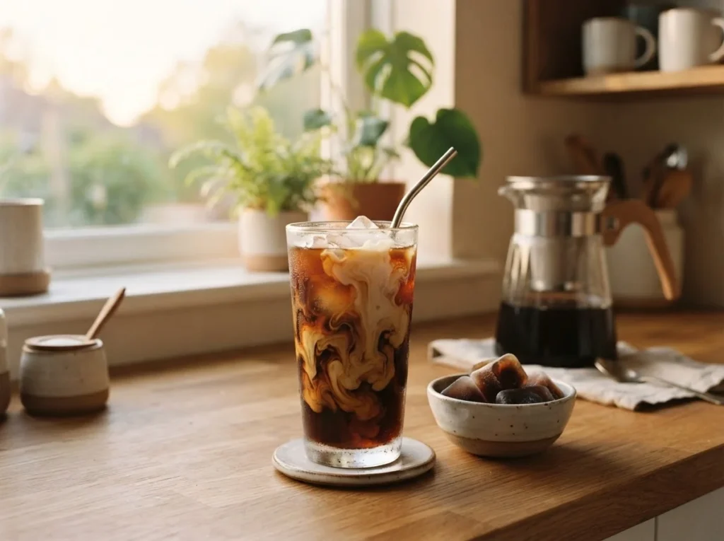 Glass of iced coffee with cream beside a cold brew pitcher in warm morning light