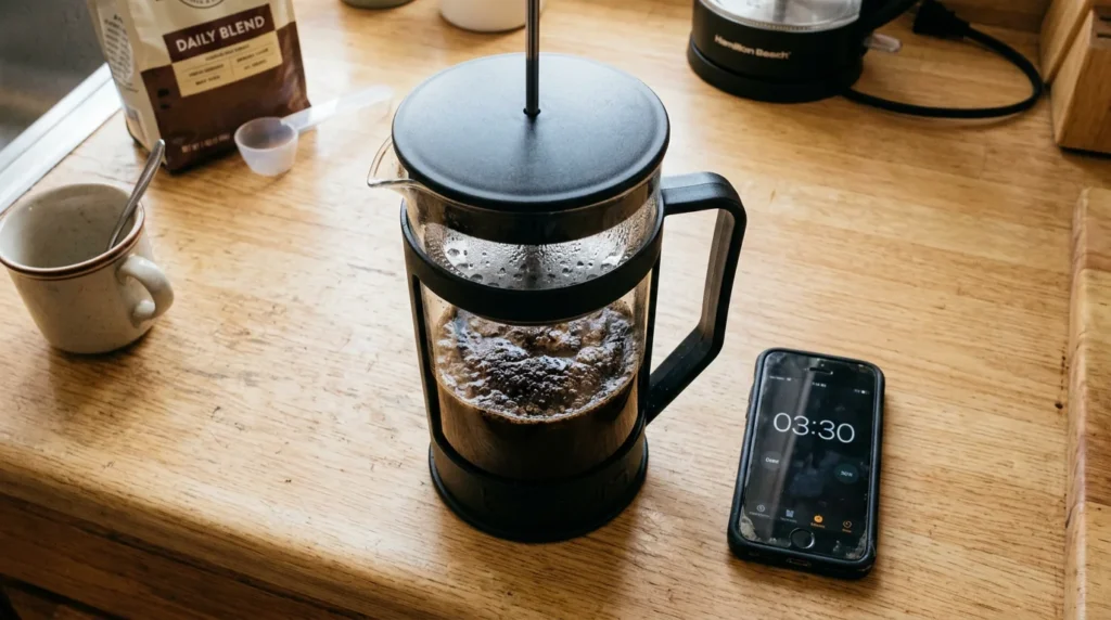 Bodum Brazil style black French press mid-steep with timer showing 3:30 on a kitchen countertop
