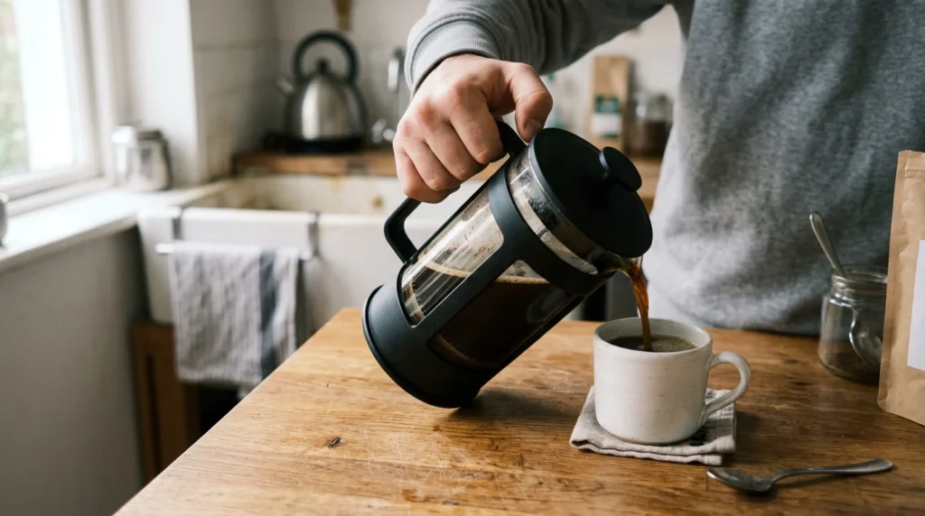 Pouring freshly brewed coffee from a Bodum Brazil style black French press into a simple white mug on a wooden countertop