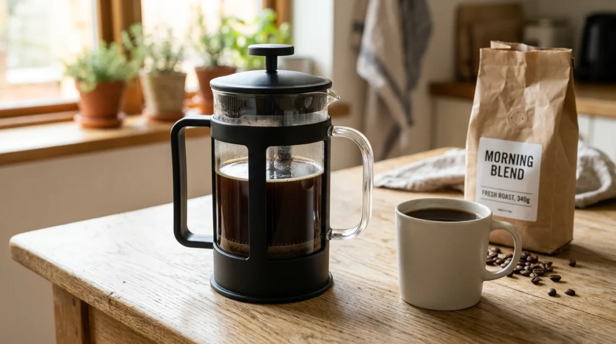 Bodum Brazil black French press with freshly brewed coffee on a wooden table with a white mug and coffee beans