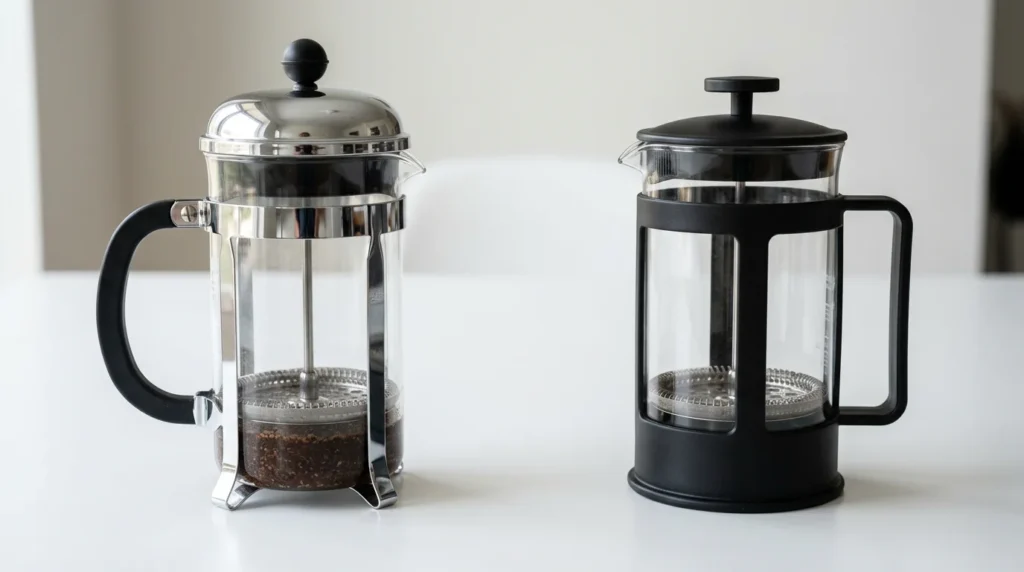 Stainless steel frame French press on the left compared to plastic frame French press on the right showing the Chambord versus Brazil difference
