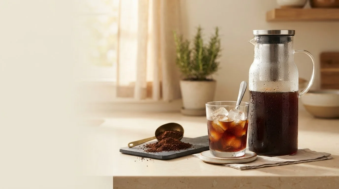 Glass carafe of cold brew iced coffee with ice and coarse coffee grounds on a kitchen counter
