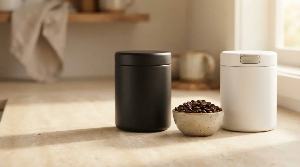 Vacuum coffee canister and airtight coffee canister side by side with whole coffee beans Where: Top of the article — the visual "matchup" that mirrors the headline question.