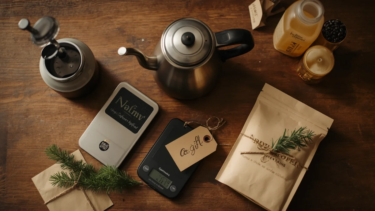 Coffee gift set with grinder, kettle, scale and beans on a wooden table