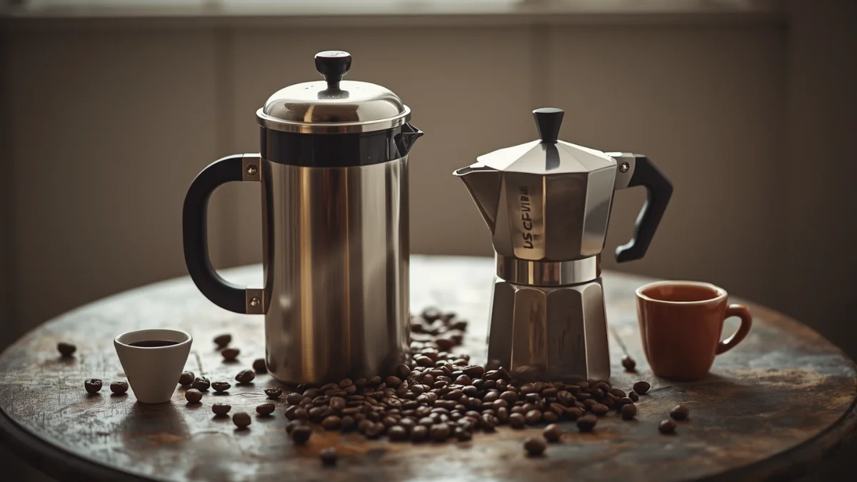 Stainless steel French press and an aluminium moka pot side by side on a wooden table
