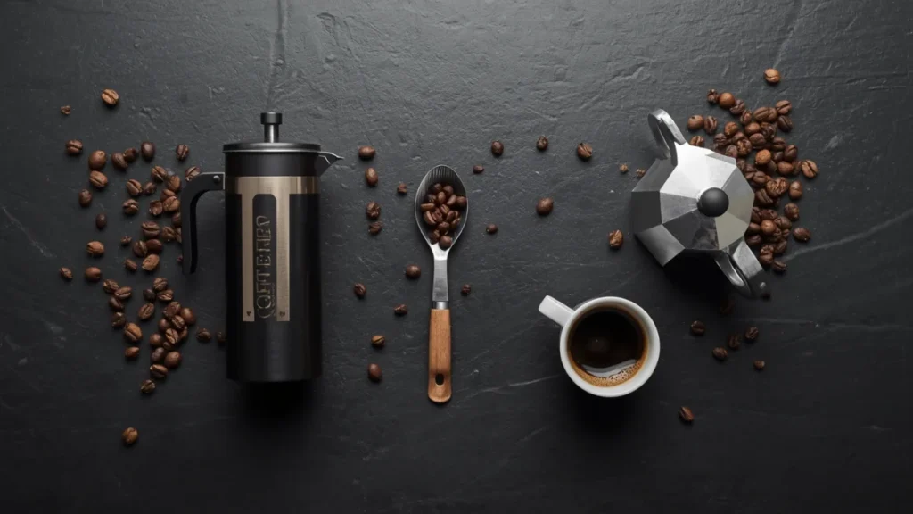 Overhead flat lay comparing a French press with coffee beans and a moka pot with an espresso cup