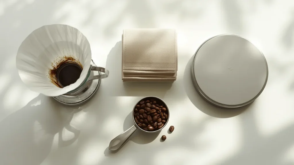 Budget coffee gifts including a dripper, filters, beans and a scale