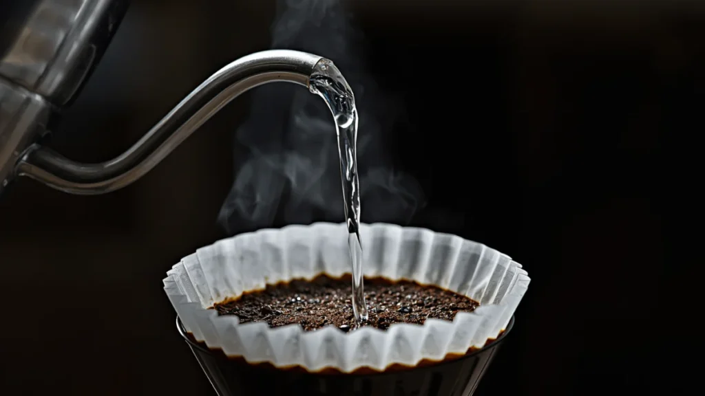 Water poured from a gooseneck kettle onto a pour-over coffee bed.