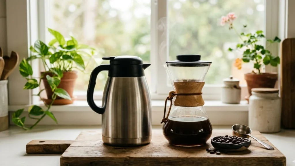 Thermal carafe and glass carafe of drip coffee side by side on a wooden board