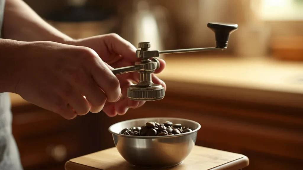 Hands holding a manual coffee grinder with beans in the catch cup