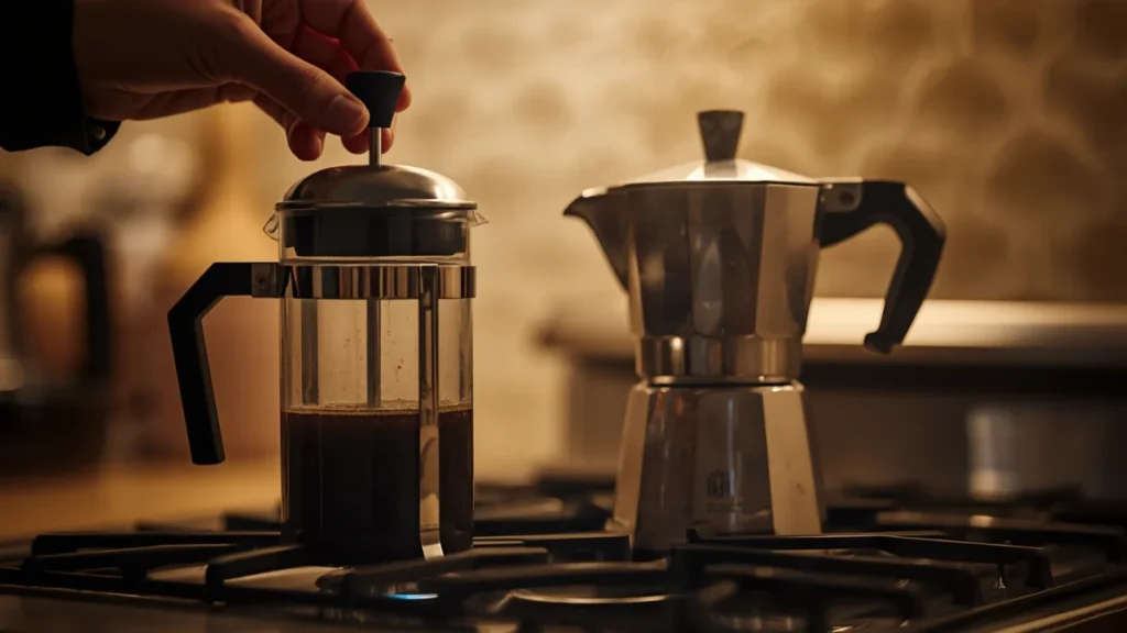 French press plunger being pressed beside a moka pot brewing on a stove