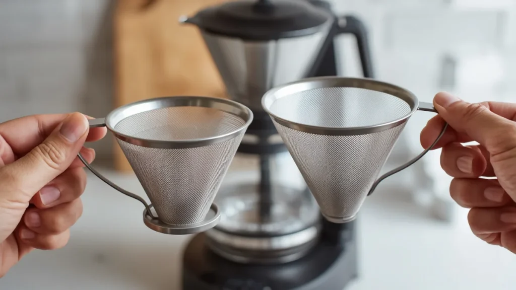Flat-bottom and conical coffee maker brew baskets compared side by side