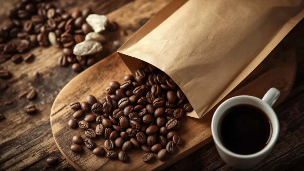 Bag of freshly roasted coffee beans with a cup of black coffee