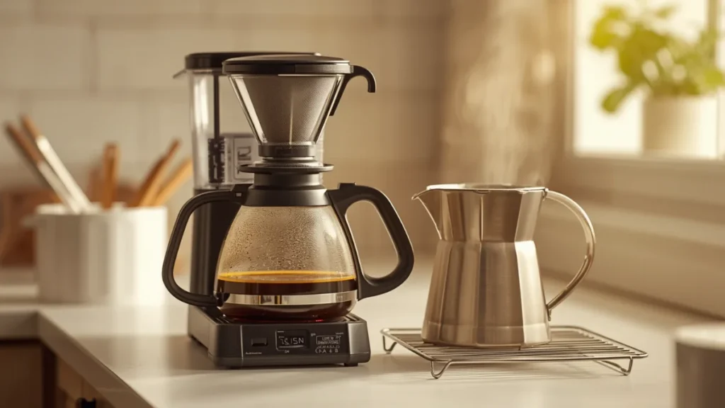Drip coffee maker with the filter basket and carafe removed for cleaning