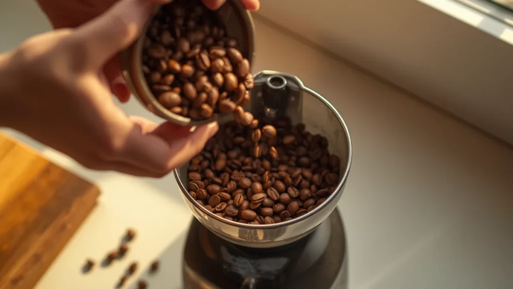 Hands pouring whole coffee beans into an electric grinder hopper.