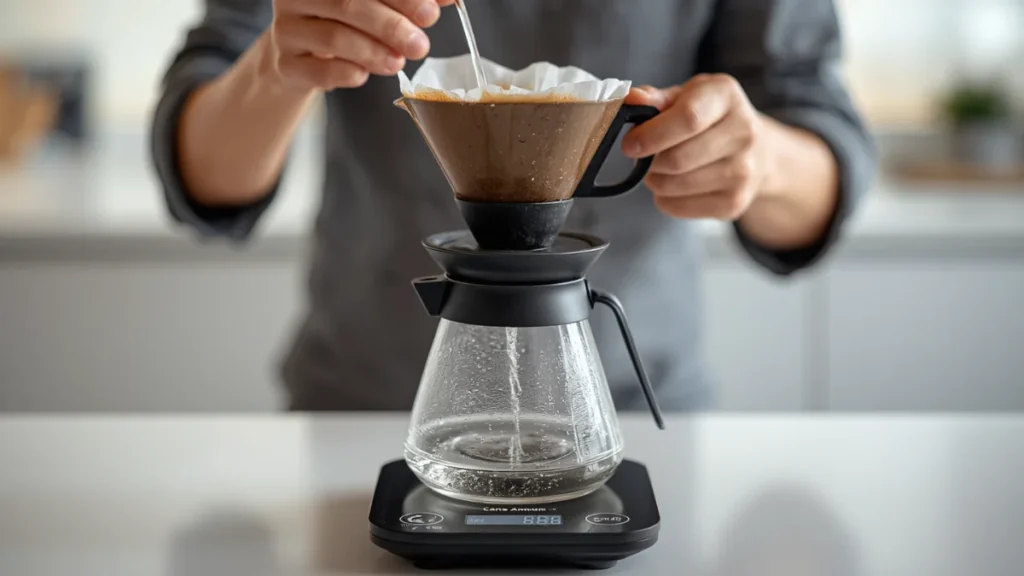 Hands brewing pour-over coffee with a dripper and digital scale