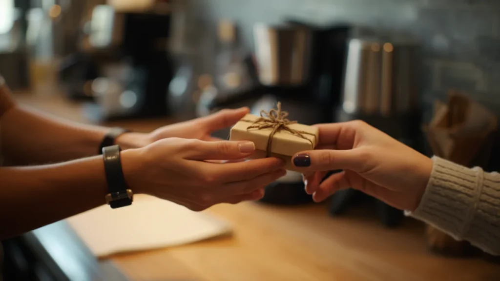 Hands exchanging a wrapped coffee-themed gift over a kitchen