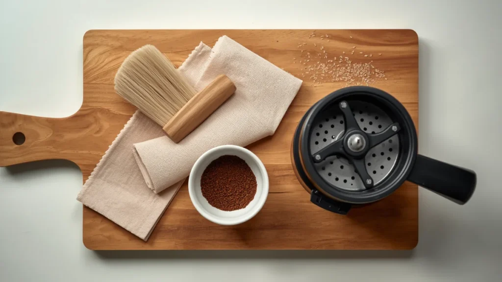 Brush, microfiber cloth and rice used to clean a coffee grinder