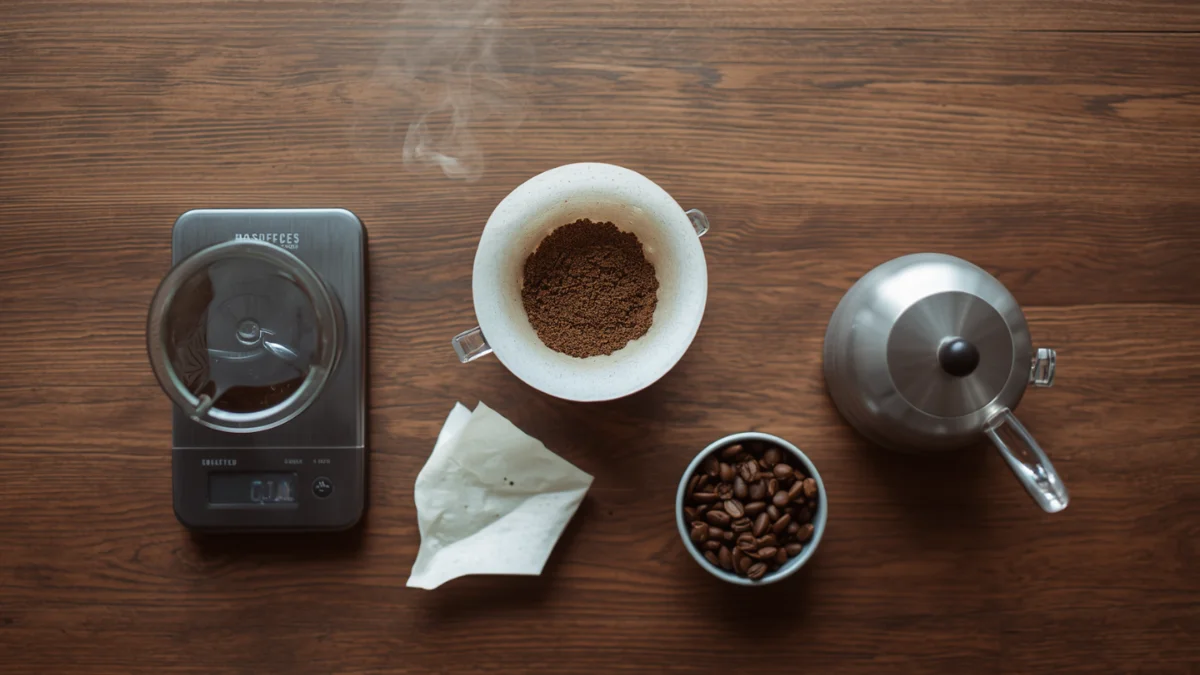 Pour-over coffee setup with dripper, gooseneck kettle, scale and beans