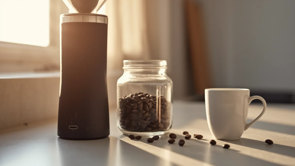 Electric burr coffee grinder on a home kitchen counter with whole beans and a mug.