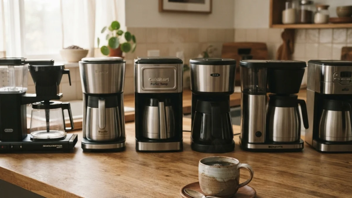 Six automatic drip coffee makers lined up on a kitchen counter with thermal and glass carafes
