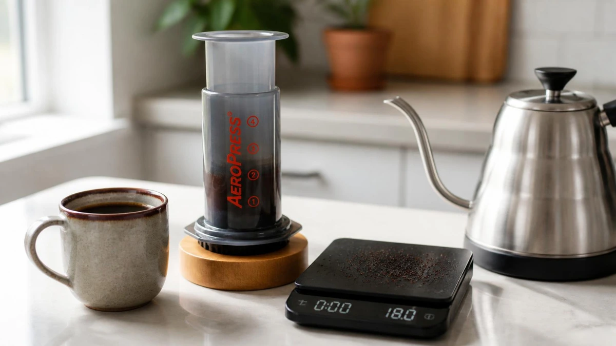 an AeroPress coffee maker standing on a bamboo lid next to a ceramic mug of freshly brewed dark coffee, a digital coffee scale and a stainless gooseneck kettle beside it