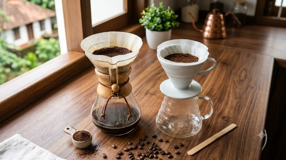 Chemex and Hario V60 pour-over brewers side by side on a kitchen counter
