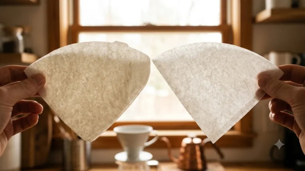 Chemex bonded paper filter next to a thinner V60 paper filter held up to the light
