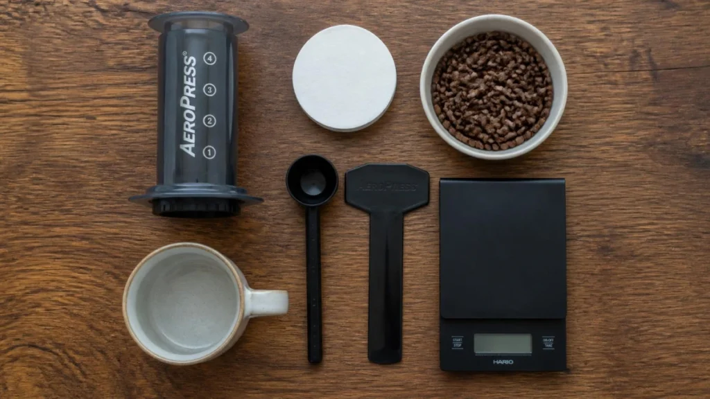 AeroPress equipment neatly arranged on a wooden table