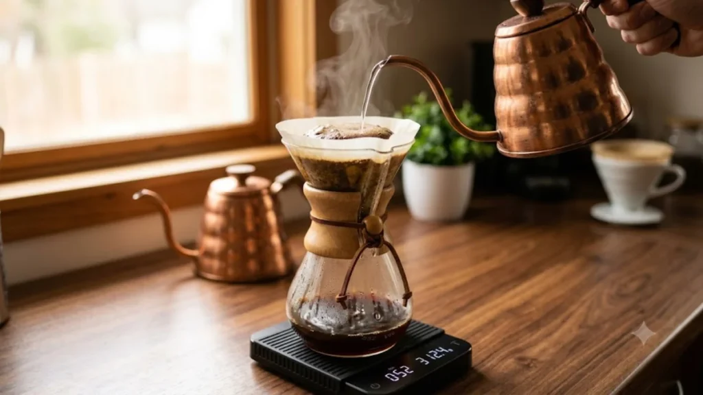 Water being poured in slow circles over a bloom in a Chemex on a scale