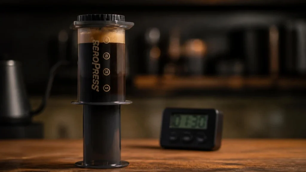 An AeroPress resting upside down on its plunger with dark coffee steeping inside the chamber, timer in soft focus in the background