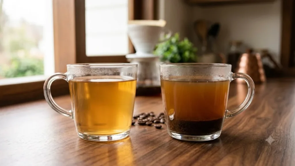 Two glasses of pour-over coffee side by side showing a clean bright cup and a muddy over-extracted cup