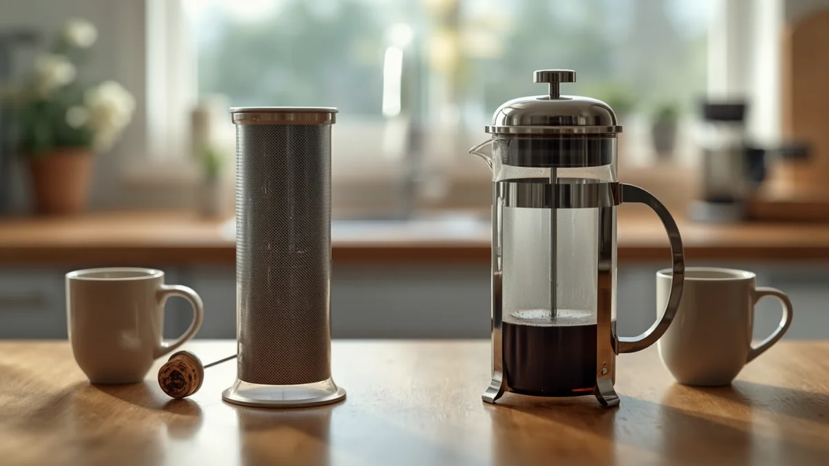 AeroPress and French press side by side on a kitchen counter